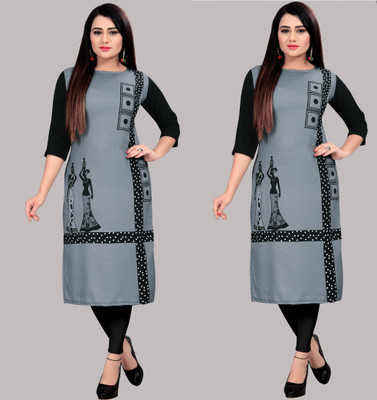 maruti fab Women Printed Straight Kurta(Grey, Pink)