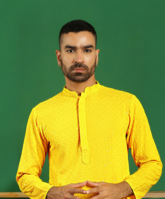 ANOUK Men Embroidered Straight Kurta(Yellow)