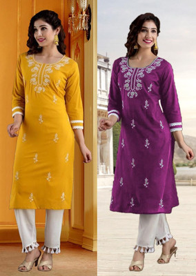 SISTO Women Chikan Embroidery A-line Kurta(Yellow, Purple)