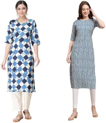 EthnicBasket Women Printed Straight Kurta(Dark Blue, Light Blue, White)