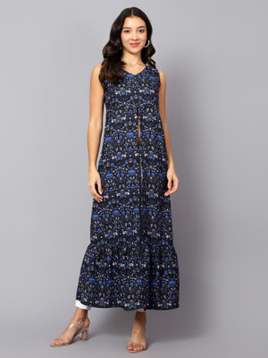 VESICLE Women Printed Frontslit Kurta(Black, Blue)