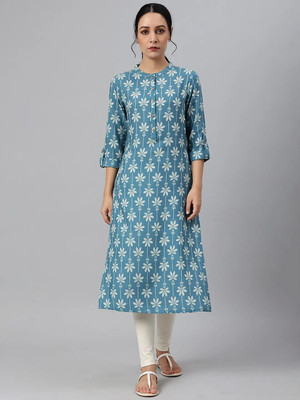Isha e Kart Women Floral Print A-line Kurta(Dark Blue, White)