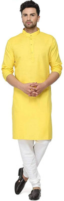 HOC's Men Self Design Straight Kurta(Yellow)