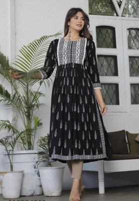 Aimca Women Printed A-line Kurta(Black)
