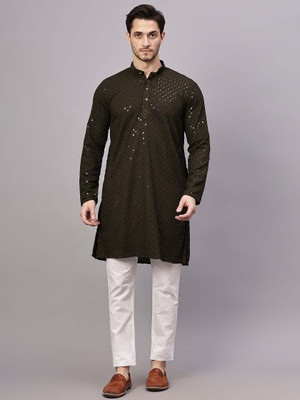 Yugnik Men Chikan Embroidery A-line Kurta(Black)