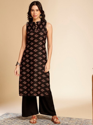 ANOUK Women Printed Straight Kurta(Black)
