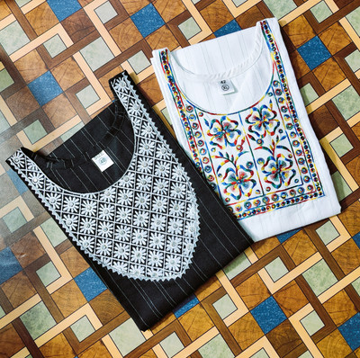 DreamWorldStore Women Embroidered A-line Kurta(Black, White)