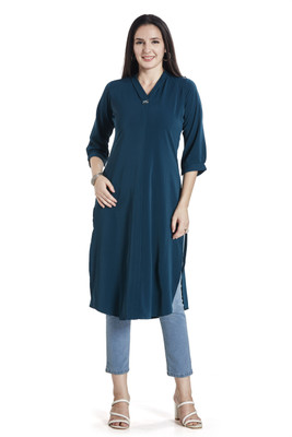 Nioni Women Solid Straight Kurta(Dark Blue)