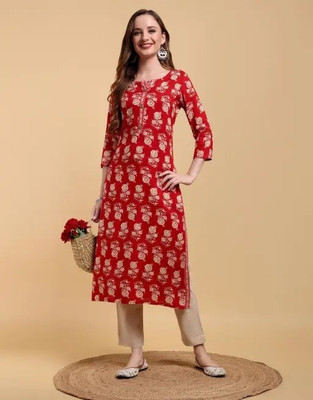 HUUHAMBAY Women Printed Flared Kurta(Red)