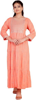 DOTSNLINES Women Embroidered Flared Kurta(Orange)
