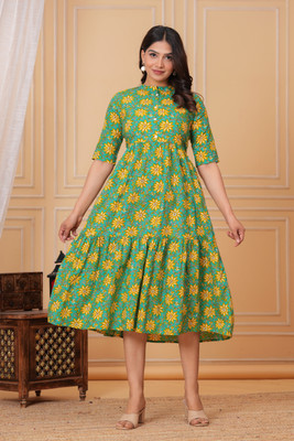 YOGUN Women Abstract, Printed Flared Kurta(Brown)