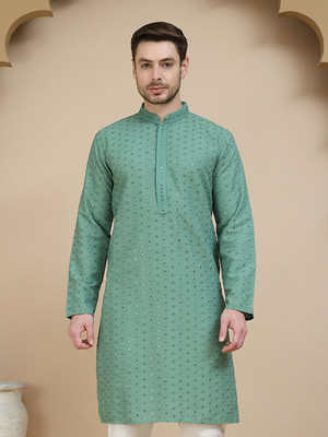Jompers Men Embroidered Straight Kurta(Green)