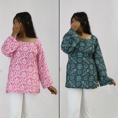 aanzri Women Printed, Geometric Print Straight Kurta(Blue, Black)