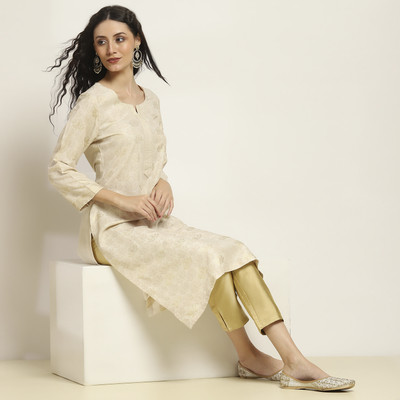 RANGRITI Women Printed Straight Kurta(Beige)
