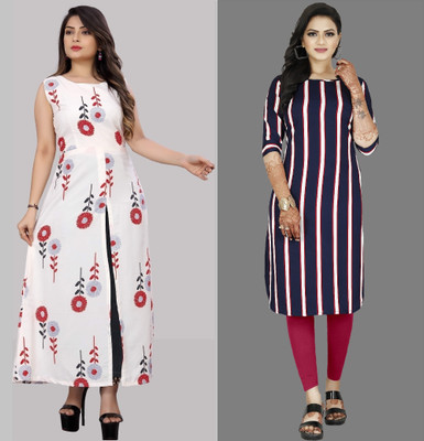 maruti fab Women Striped A-line Kurta(White, Purple)
