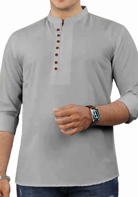 GOD HEART Men Solid Straight Kurta(Grey)