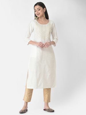 Span Women Self Design Straight Kurta(White)