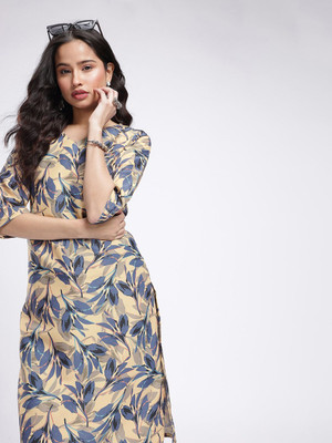 Anouk Rustic Women Floral Print Straight Kurta(Yellow)
