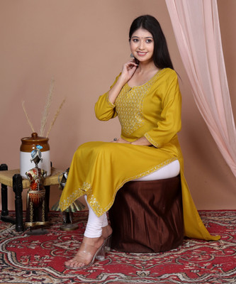 his&her Women Embroidered Straight Kurta(Yellow)
