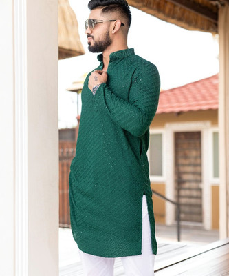 Lazzly Men Printed, Chikan Embroidery Straight Kurta(Green)