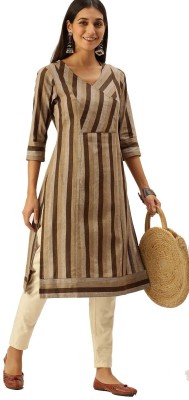 Vedic Women Striped Straight Kurta(Brown, Beige)