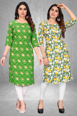 MARIDI FASHION Women Printed Straight Kurta(Green, White)