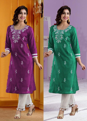 vikshi Women Chikan Embroidery A-line Kurta(Multicolor)