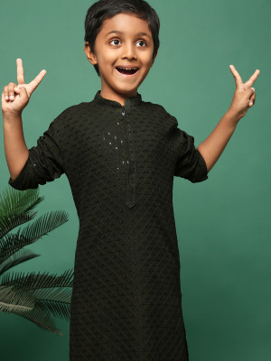 Sanwara Boys Embroidered Straight Kurta(Dark Green)