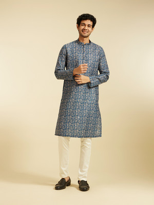 DIWAS by Manyavar Men Printed Straight Kurta(Dark Blue)