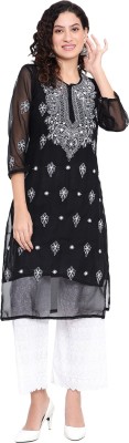 Chikankari Fashion Collection Women Chikan Embroidery, Embroidered Straight Kurta(Black)