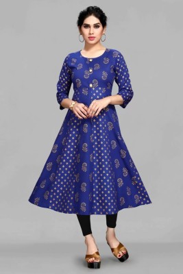 RIXRY Women Floral Print Flared Kurta(Dark Blue, Gold)