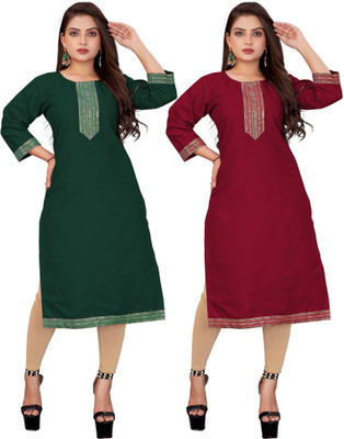 AAI MOGAL Women Solid Straight Kurta(Green, Maroon)