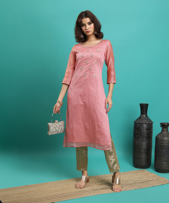 Vishudh Women Printed Straight Kurta(Pink)