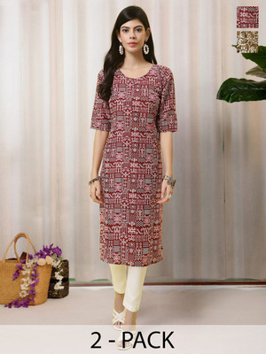HERE&NOW Women Printed Straight Kurta(Maroon)