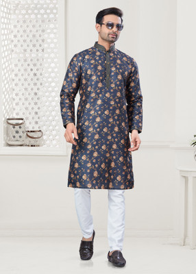 Svatantra Men Printed Straight Kurta(Blue)