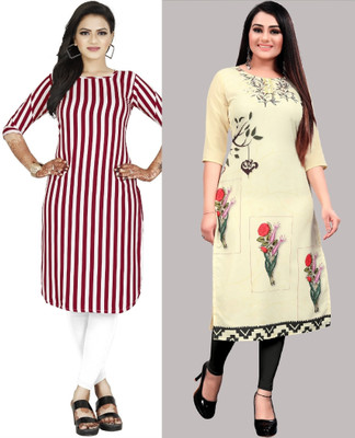 tanvi creation Women Floral Print Straight Kurta(Red, Beige)