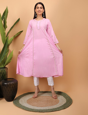 SHWET Women Chikan Embroidery Ethnic Dress Kurta(Pink)
