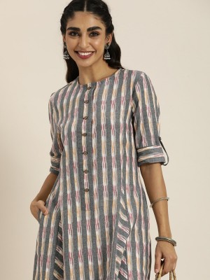 Taavi Women Striped Straight Kurta(Grey)