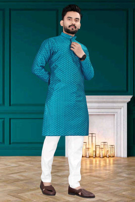 GalaxyZone Men Polka Print Straight Kurta(Blue)