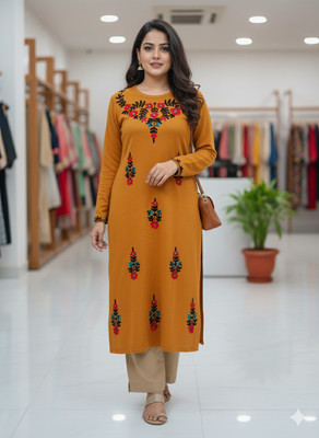 UFM Women Embroidered Straight Kurta(Gold)