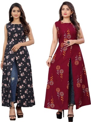 Hiral Creation Women Floral Print Frontslit Kurta(Maroon)