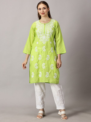 fch Women Embroidered Straight Kurta(Light Green)