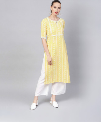 LIBAS Women Printed Straight Kurta(Yellow)