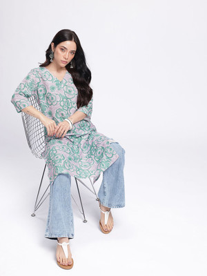 Anouk Rustic Women Floral Print Straight Kurta(Grey)