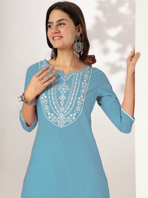 Janasya Women Embroidered Straight Kurta(Light Blue)