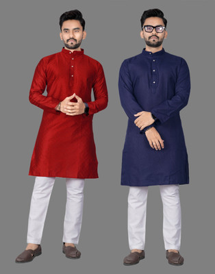 DHASU TRENDZ Men Self Design, Solid Straight Kurta(Maroon, Blue)