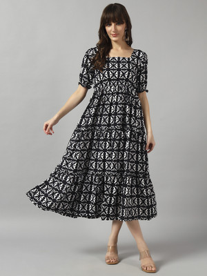 Femvy Women Printed Ethnic Dress Kurta(Black)