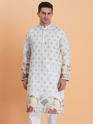 SG LEMAN Men Printed Straight Kurta(Light Green)