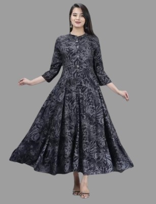 aachhoo Women Printed Flared Kurta(Black)