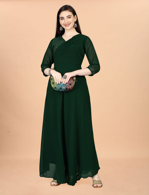 SHIVAYFAB Women Fit and Flare Dark Green Maxi/Full Length Dress